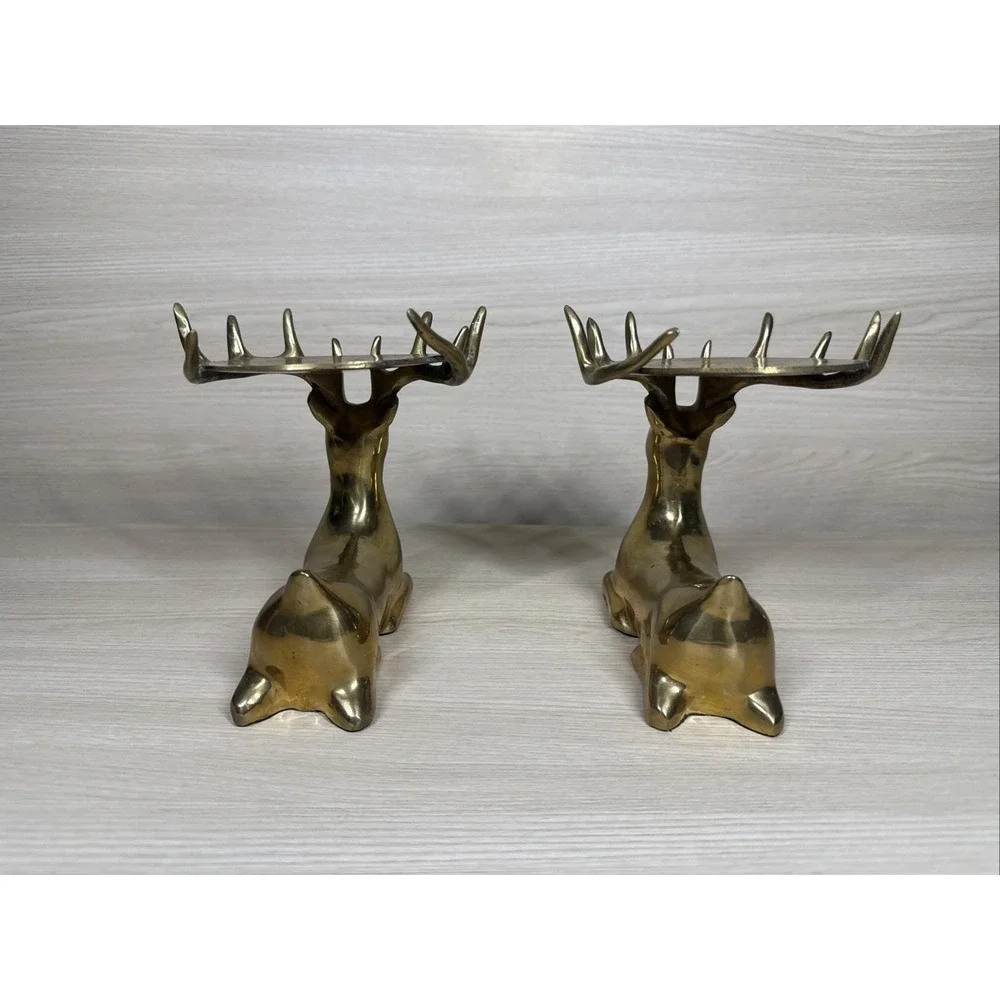 Vintage Brass Reindeer Column Pillar Candle Holders Set 2 Beautiful Heavy Glossy